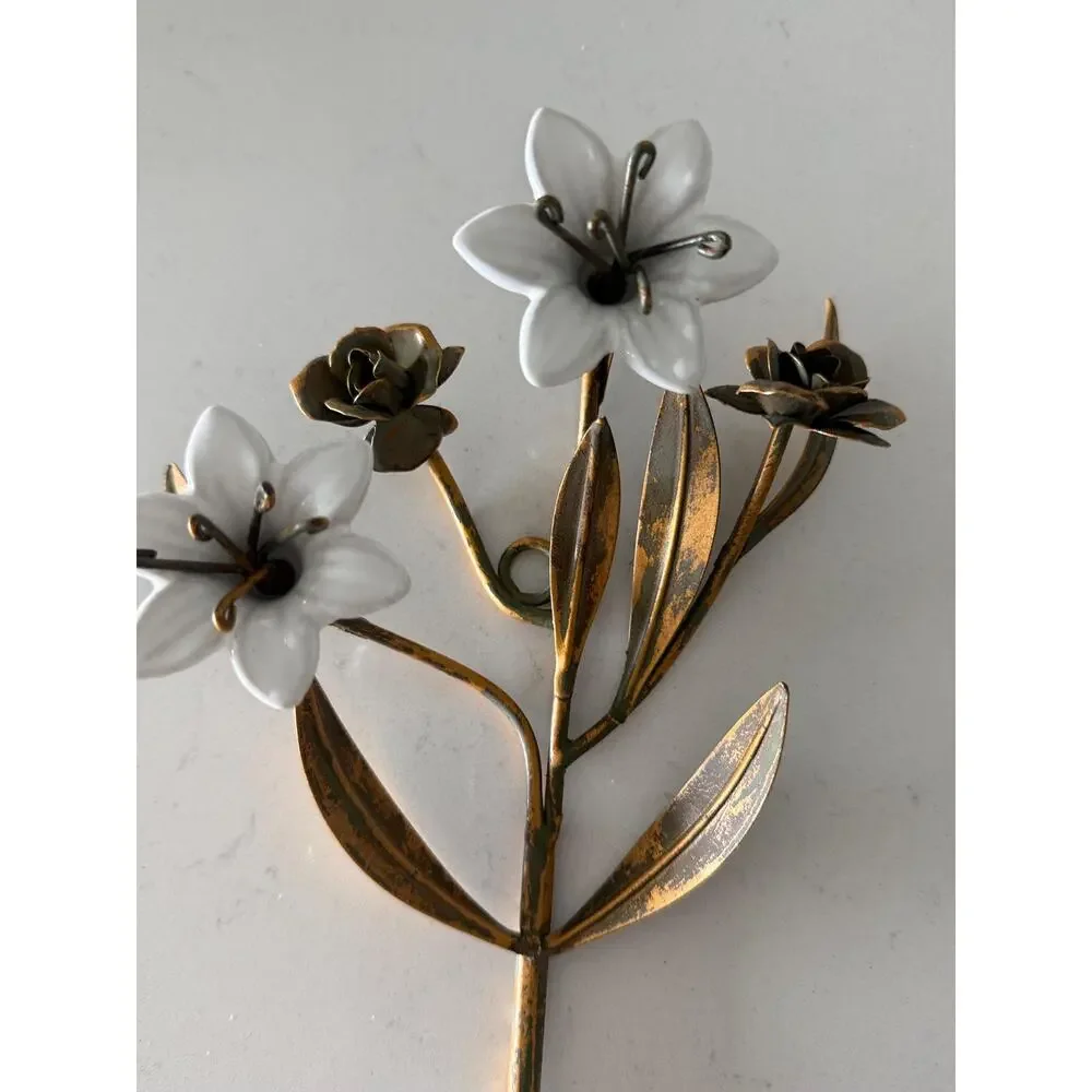 Vintage Italian Tole Wall Hook White Porcelain Lilies Gilt Florentine Decor